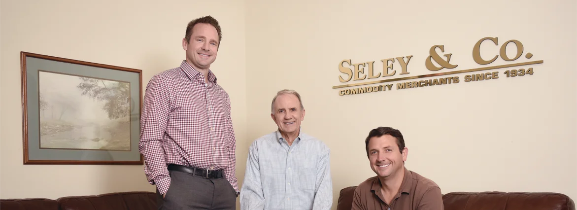 Three generations of Seleys — Jim, Ron, and Mike — in the company office